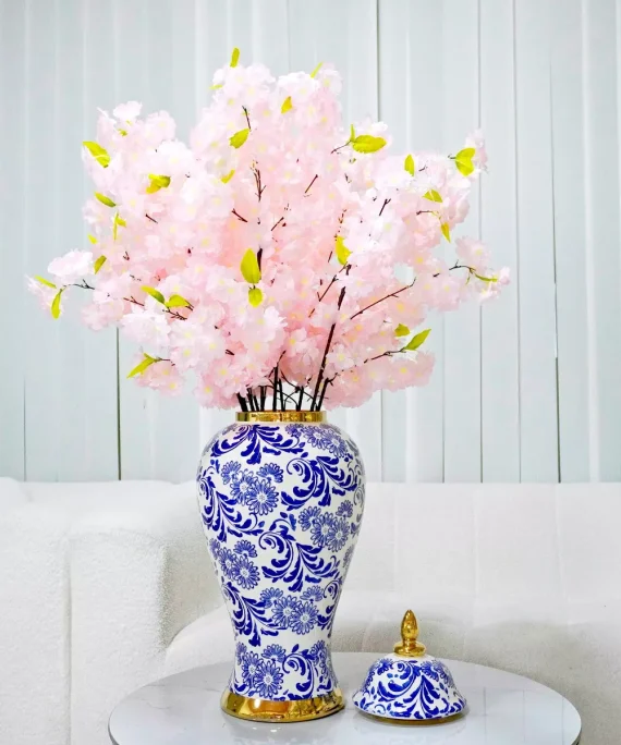 Cylinder Ceramic Vase Home Decor with Blue Pattern, Gold Trim and Removable Li