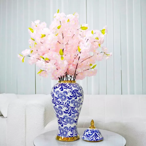 Cylinder Ceramic Vase Home Decor with Blue Pattern, Gold Trim and Removable Li