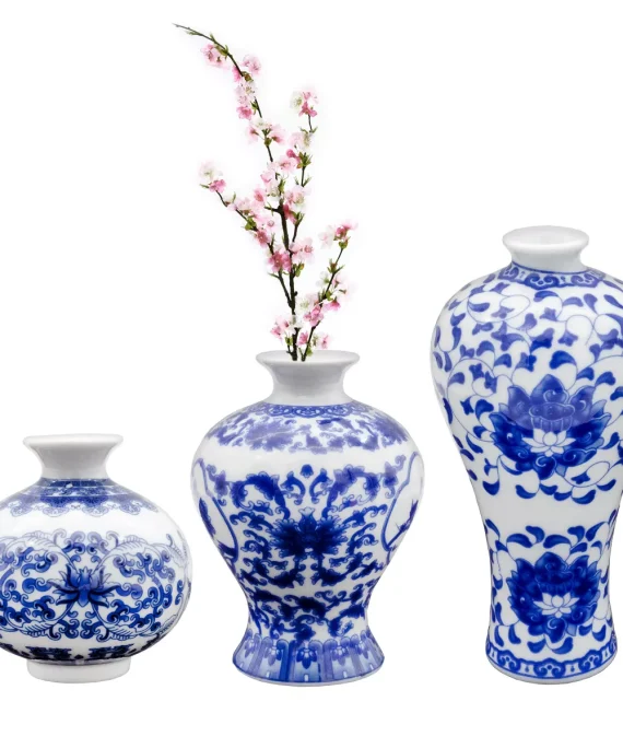 Blue and White Chinoiserie Vases 3pc Set;  Mini Decorative Bud Vases for Farmhouse, Cottagecore, and Vintage Decor