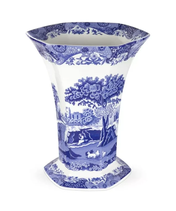 Spode Blue Italian Hexagonal Vase - 10.5" Porcelain Decorative Accent with Oriental-Inspired Detailing & Scenic Italian Countryside Design