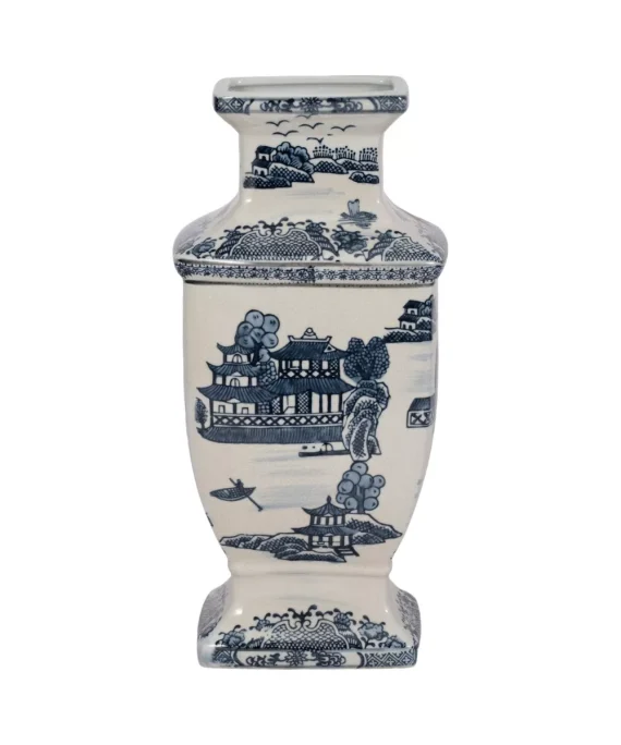 Ceramic Vase - Contemporary Blue and White Chinoiserie Temple Design Floral Vase For Decorative Table