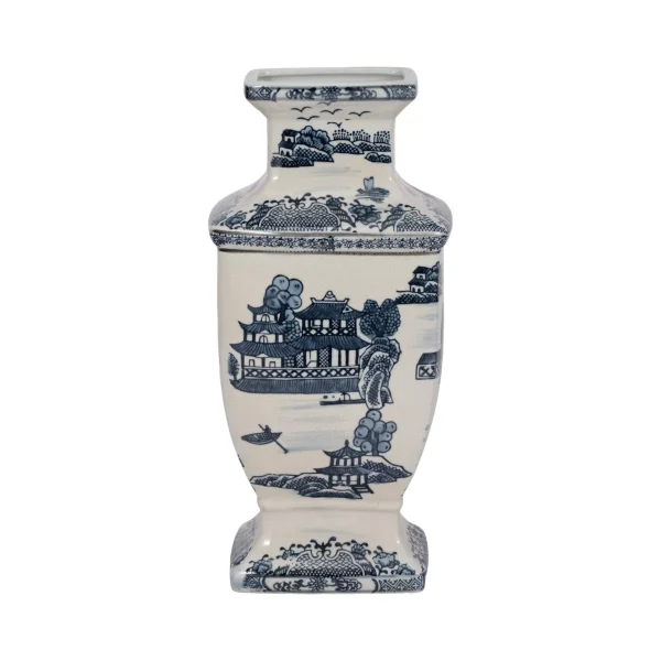 Ceramic Vase - Contemporary Blue and White Chinoiserie Temple Design Floral Vase For Decorative Table